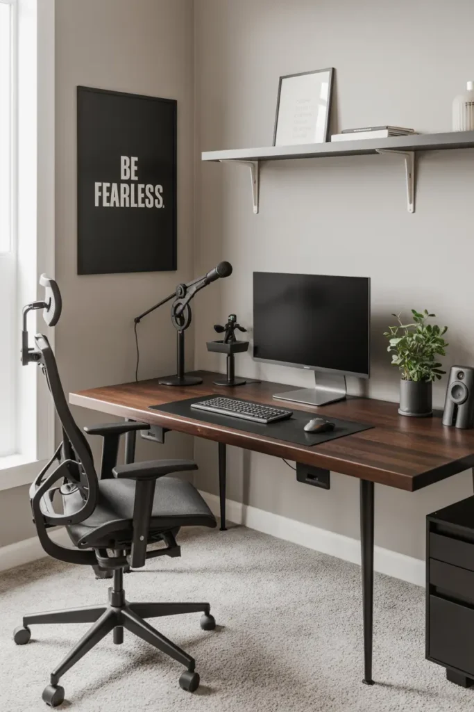 20 Cozy Workspace Corner Ideas for Calm & Neat Setup 11 6. Minimalist Home Office with Wooden Desk and Motivational Art