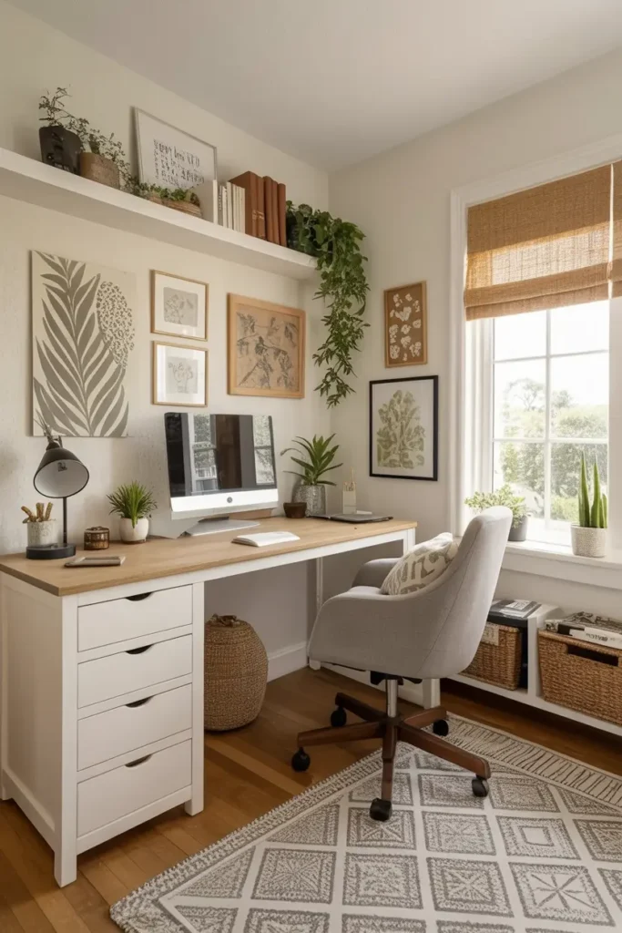 20 Cozy Workspace Corner Ideas for Calm & Neat Setup 13 7. Boho Minimalist Home Office with Greenery and Art