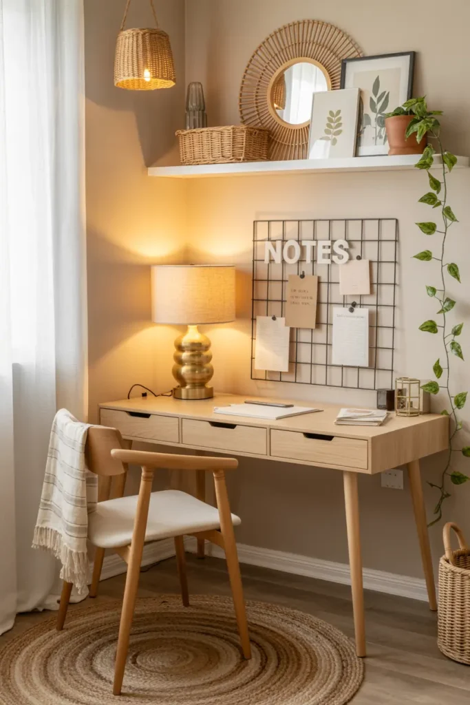 7. Boho Style Desk with Grid Notes and Natural Decor