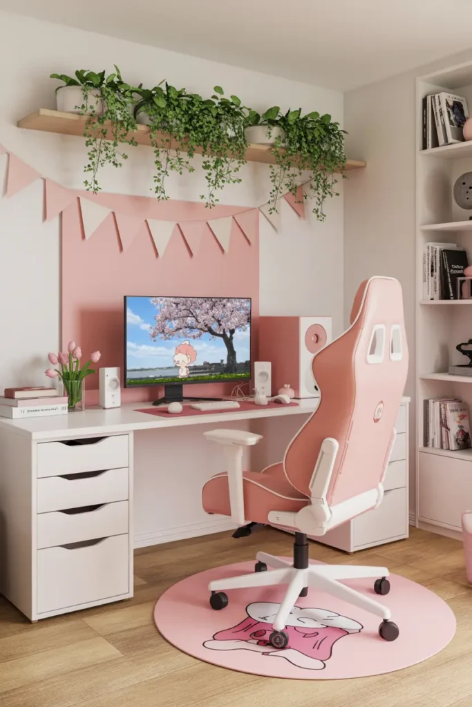 7. Cute Pastel Pink Kawaii Desk Setup with Plants