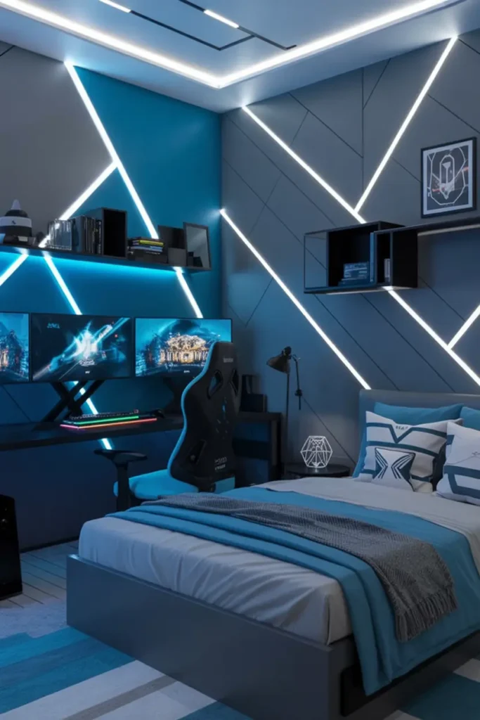 7. Modern Gaming Bedroom with Neon Lights