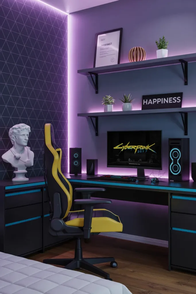 20 Modern Gaming Room Ideas for the Best Setup 13 7. Vibrant Cyberpunk Gaming Room with Neon Lights