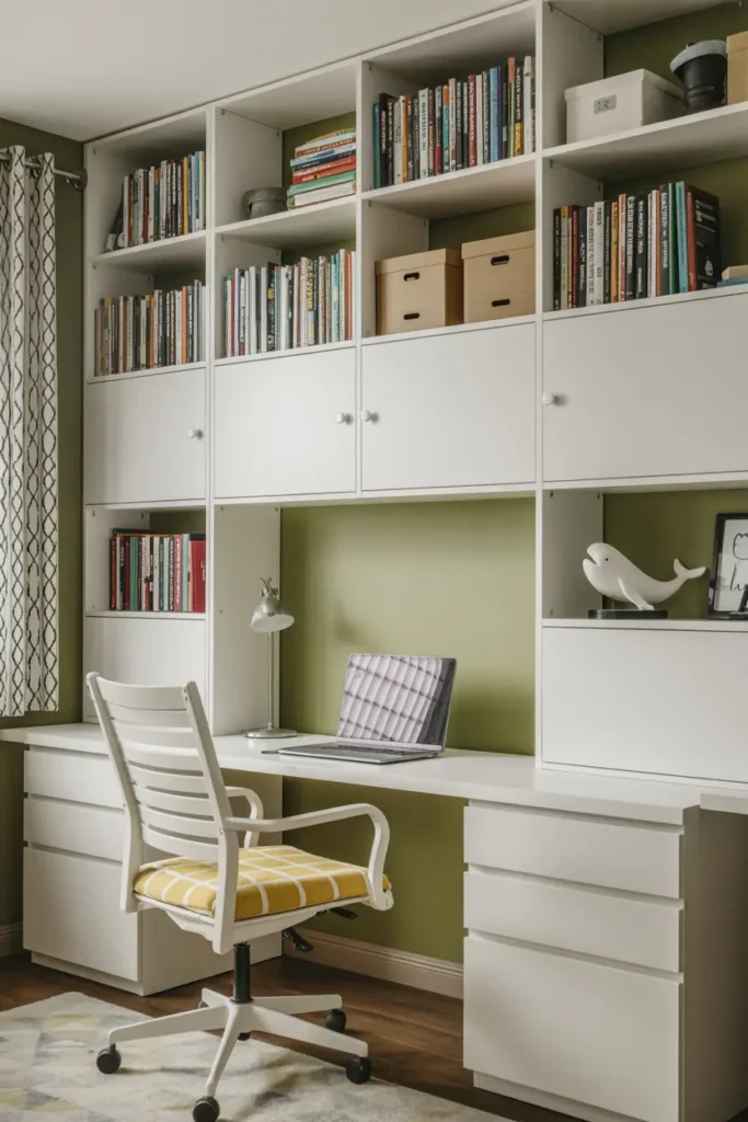 7. Vibrant Green Wall Home Office with Shelves