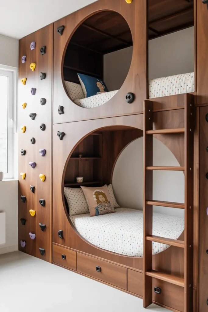 8. Circular Pod Bunk Bed with Climbing Wall