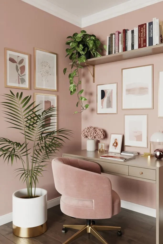 8. Elegant Pink Office Nook with Plants and Abstract Art