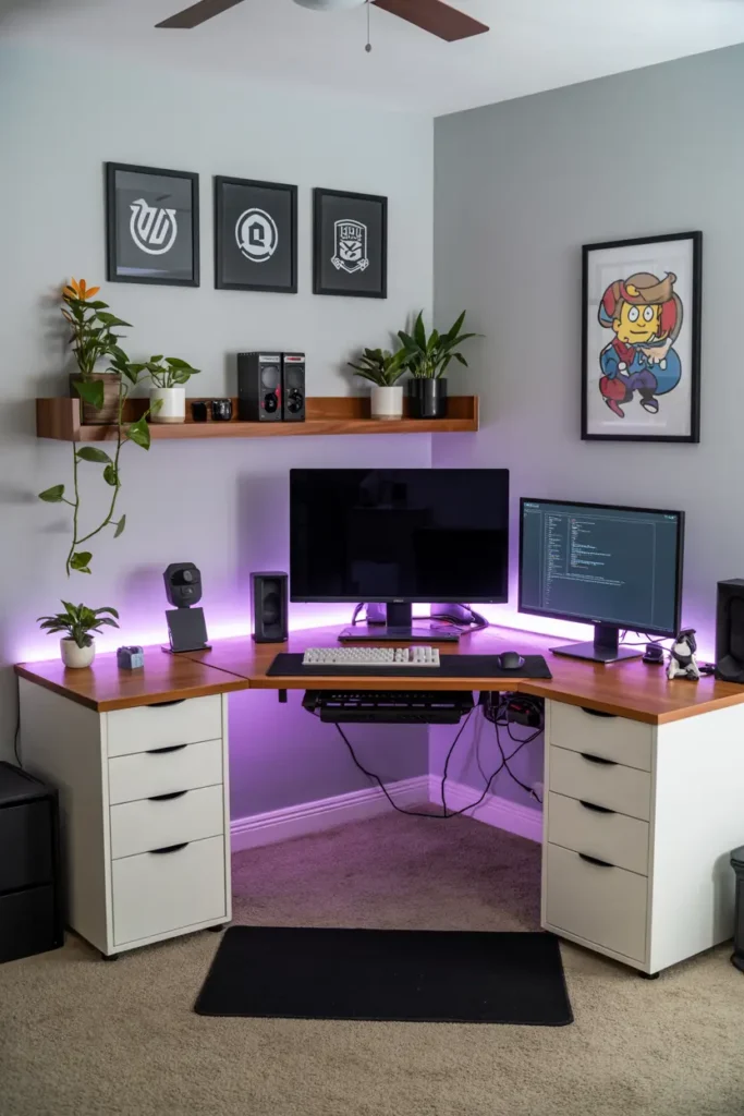 8. Modern Corner Desk Setup with Purple Lighting and Plants