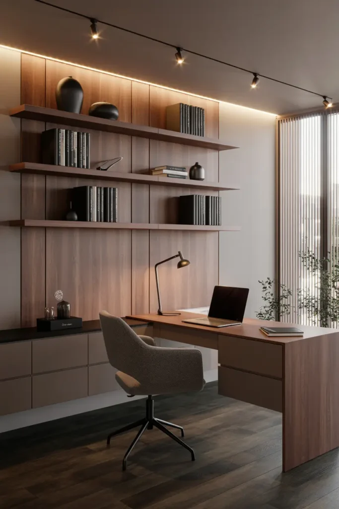 20 Cozy Workspace Corner Ideas for Calm & Neat Setup 15 8. Modern Minimalist Home Office with Wooden Shelves