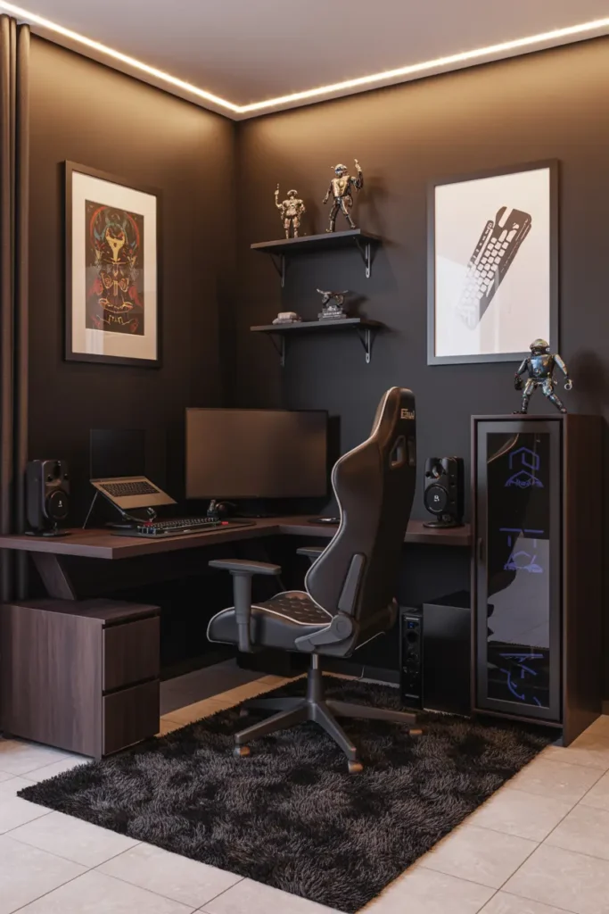 20 Modern Gaming Room Ideas for the Best Setup 15 8. Sleek Modern Gaming Setup with Warm Lighting