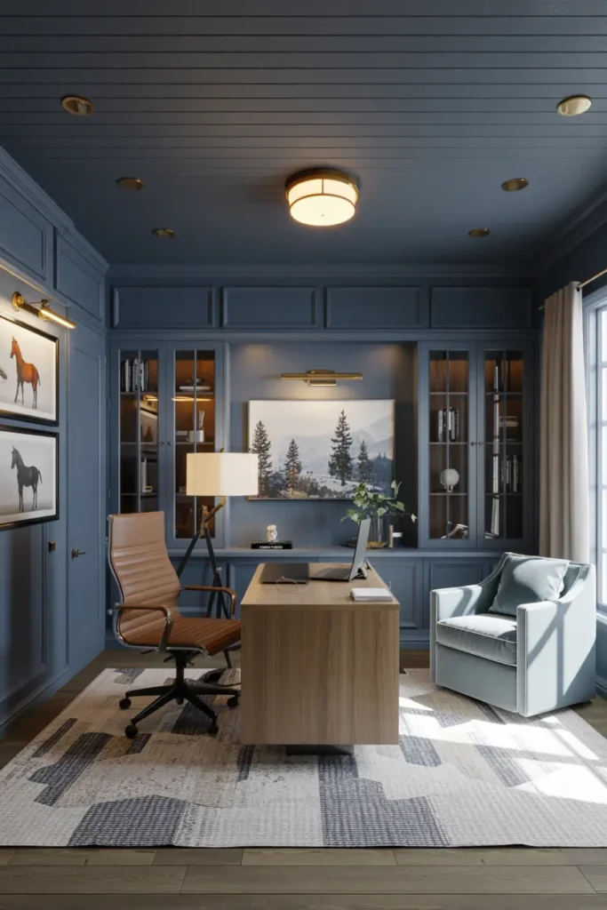 8. Sophisticated Blue Paneled Home Office Interior