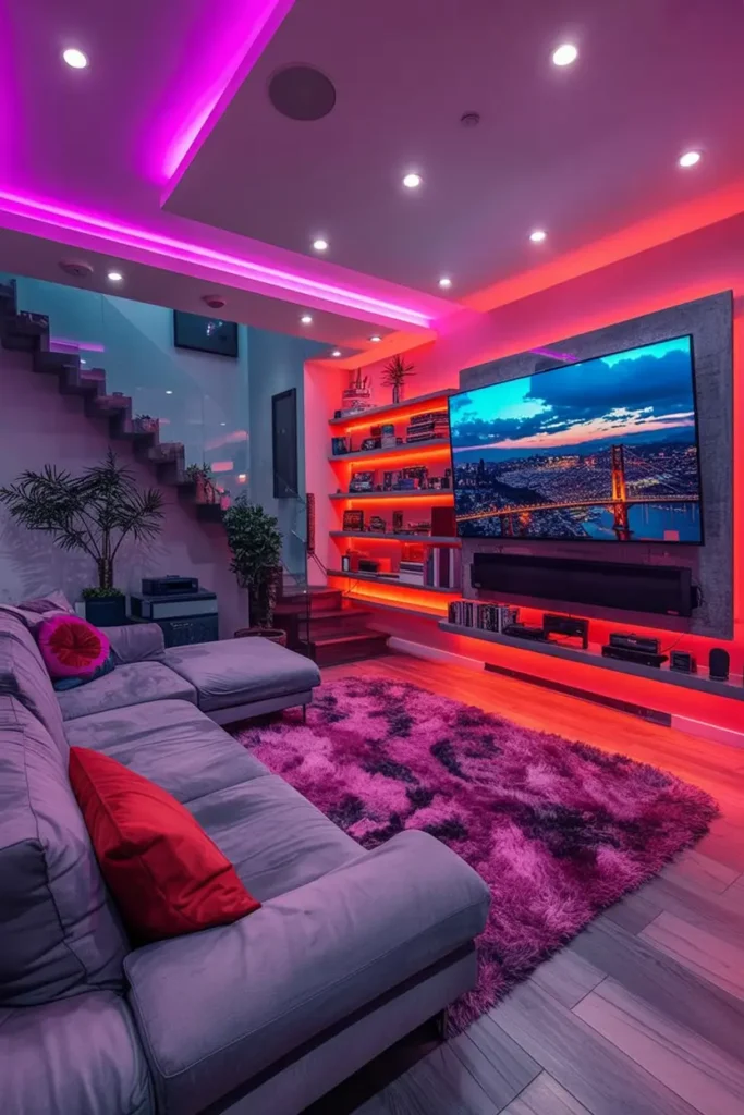 8. Vibrant Neon Home Theater with LED Lighting