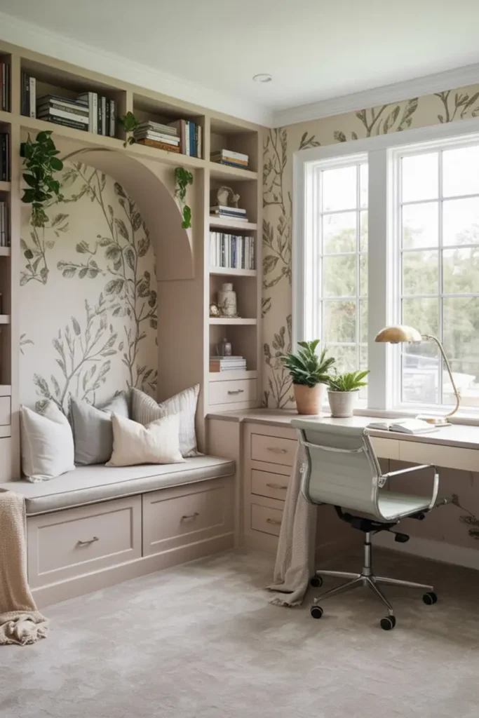 9. Cozy Botanical Home Office Nook with Window Seat