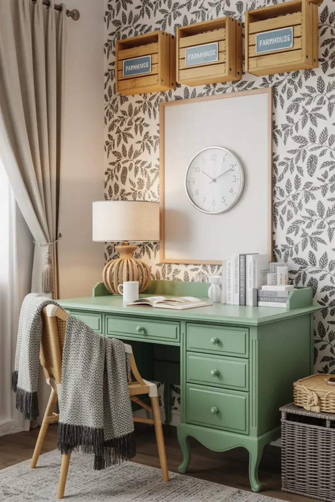 20 Cozy Workspace Corner Ideas for Calm & Neat Setup 17 9. Cozy Farmhouse Home Office with Green Desk Setup