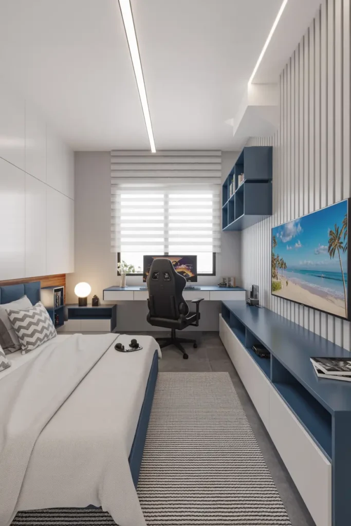 20 Modern Gaming Room Ideas for the Best Setup 17 9. Modern Blue Bedroom with Gaming Desk Setup