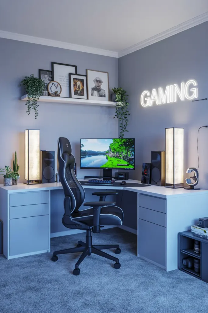 9. Modern Gray Gaming Desk Setup with Neon Sign