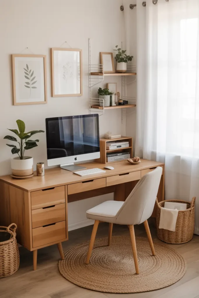 9. Serene Wooden Home Office with Botanical Art and Plants