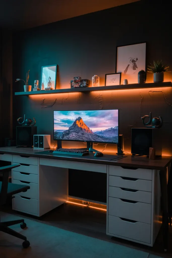 9. Sleek Gaming Desk with Warm LED Lighting