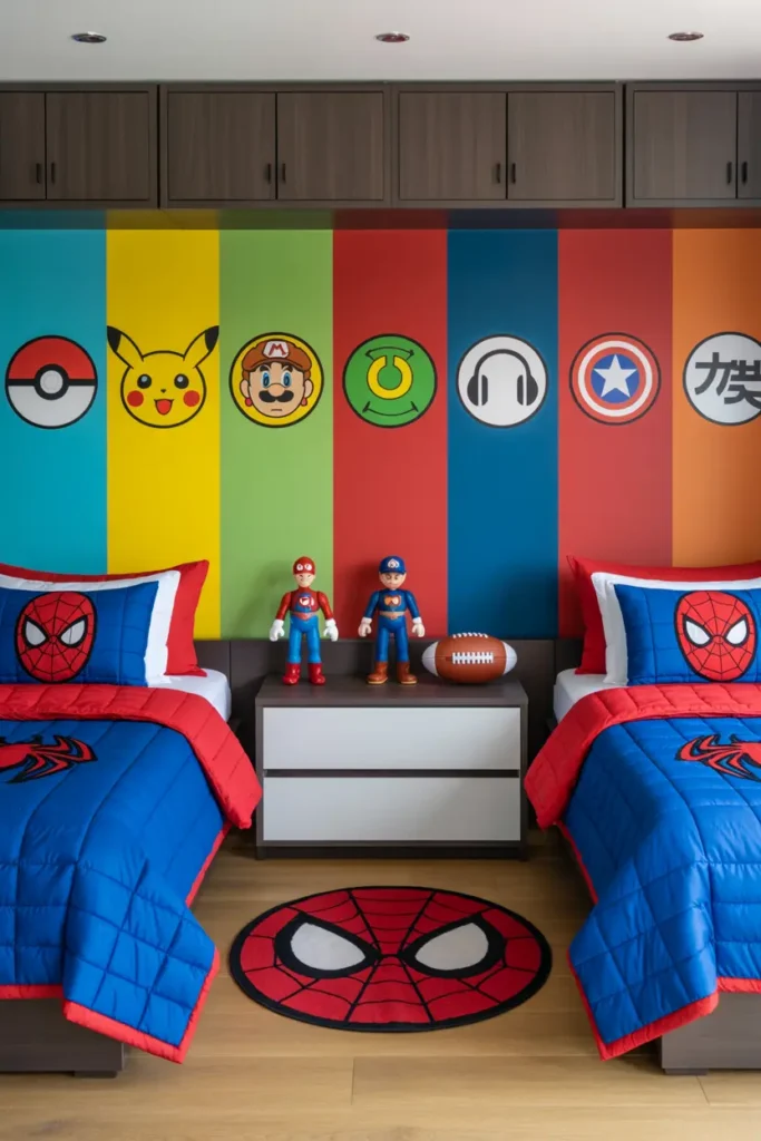 25 Magical Kids Bedroom Ideas for Fun and Cozy Spaces 17 9. Superhero Icon Twin Bedroom