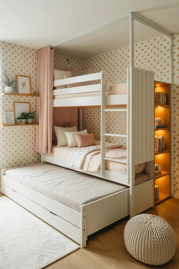 9. Triple Bunk Bed with Trundle and Shelves