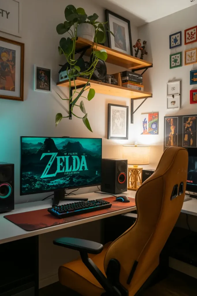 20 Budget Friendly Game Room Setup Ideas 1 1. Cozy Gamer Setup with Zelda Vibes