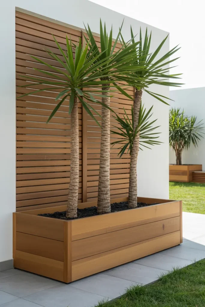 20 Dreamy Outdoor Escapes Cozy Patios and Pergola Ideas 1 1. Modern Yucca Trio in Wooden Planter