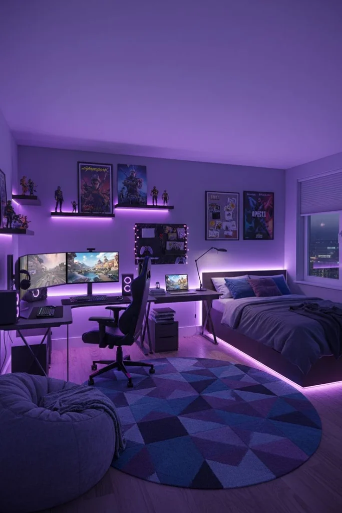 Cozy Purple Neon Gaming Bedroom Setup