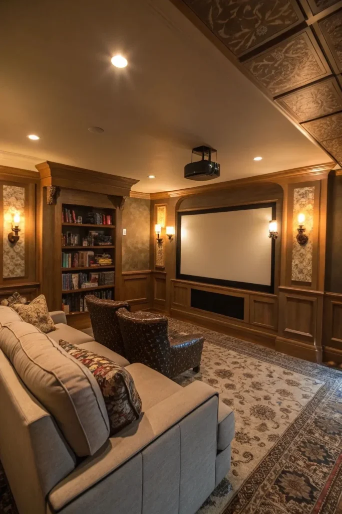 Rustic Home Theater with Projector and Shelves