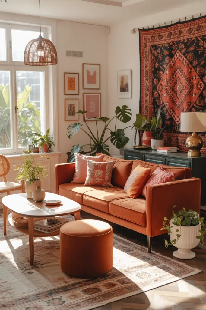 20 Cozy Modern Living Inspirations with Easy Living Room Ideas 19 10. Bohemian Orange Sofa Haven