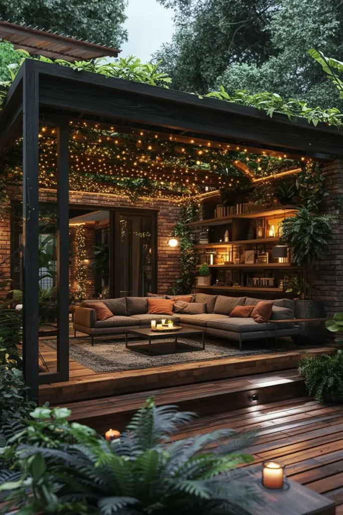 20 Dreamy Outdoor Escapes Cozy Patios and Pergola Ideas 19 10. Enchanted Pergola Library Lounge with Fairy Lights