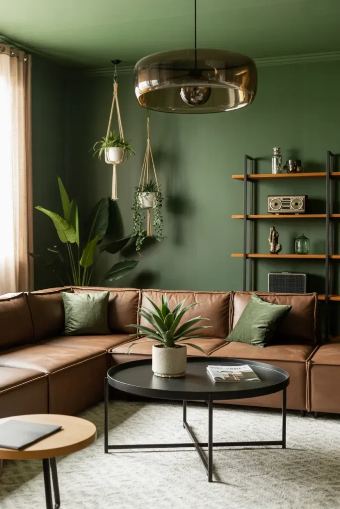 20 Stylish Living Room Ideas for Cozy & Modern Homes 19 10. Green Leather Botanical Nook