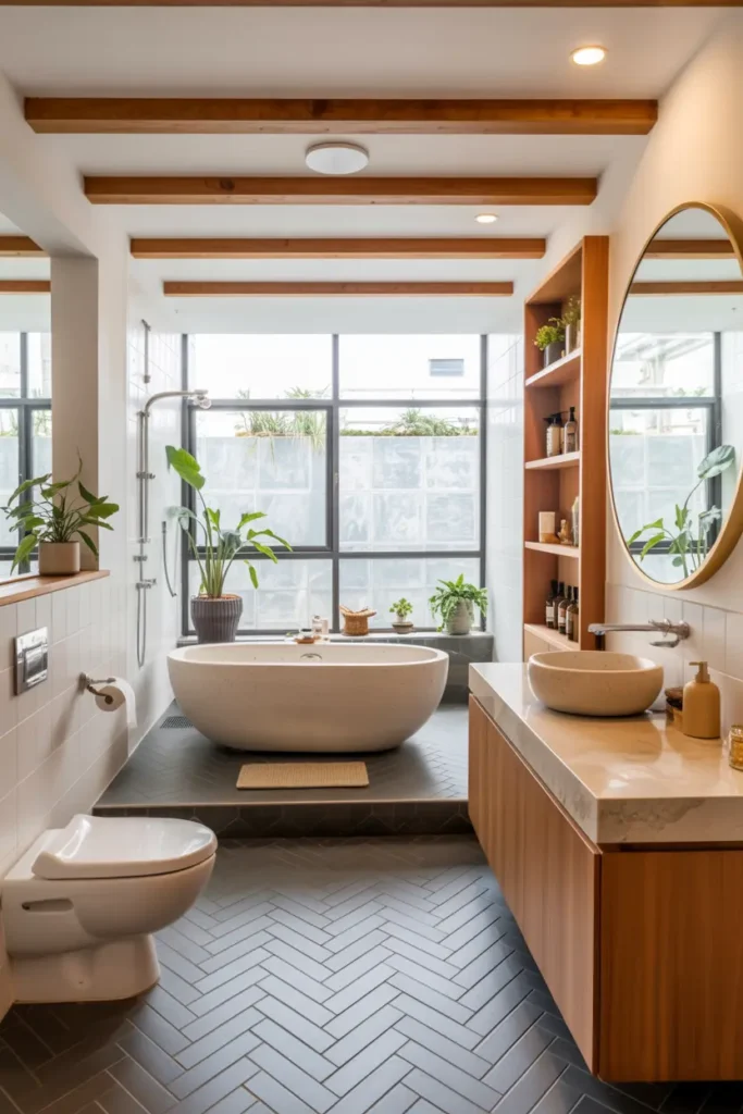 20 Dream Bathroom Designs to Refresh Your Interior 19 10. Rustic Beam Botanical Retreat