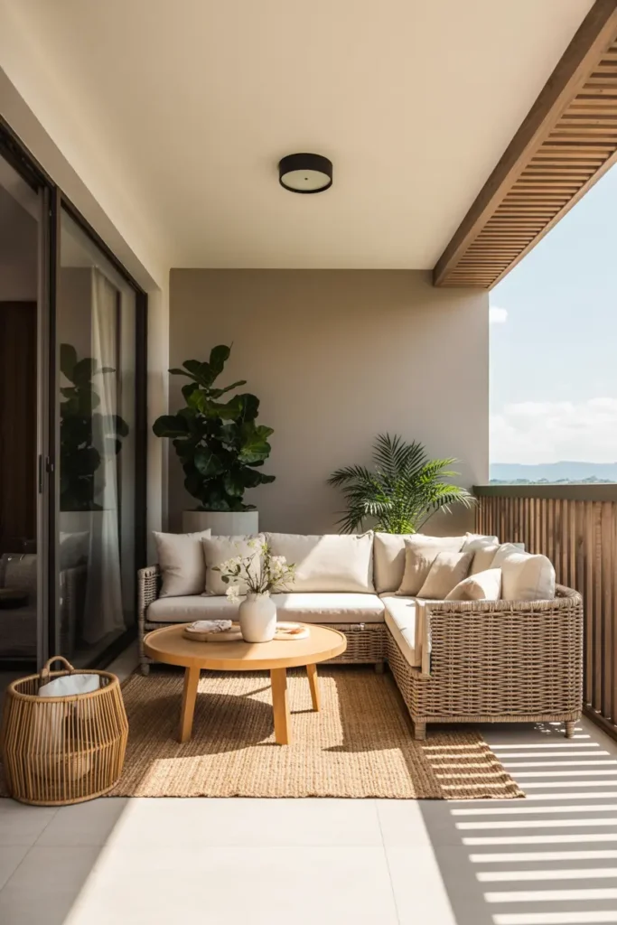 10. Sunny Corner Balcony with Wicker Sectional