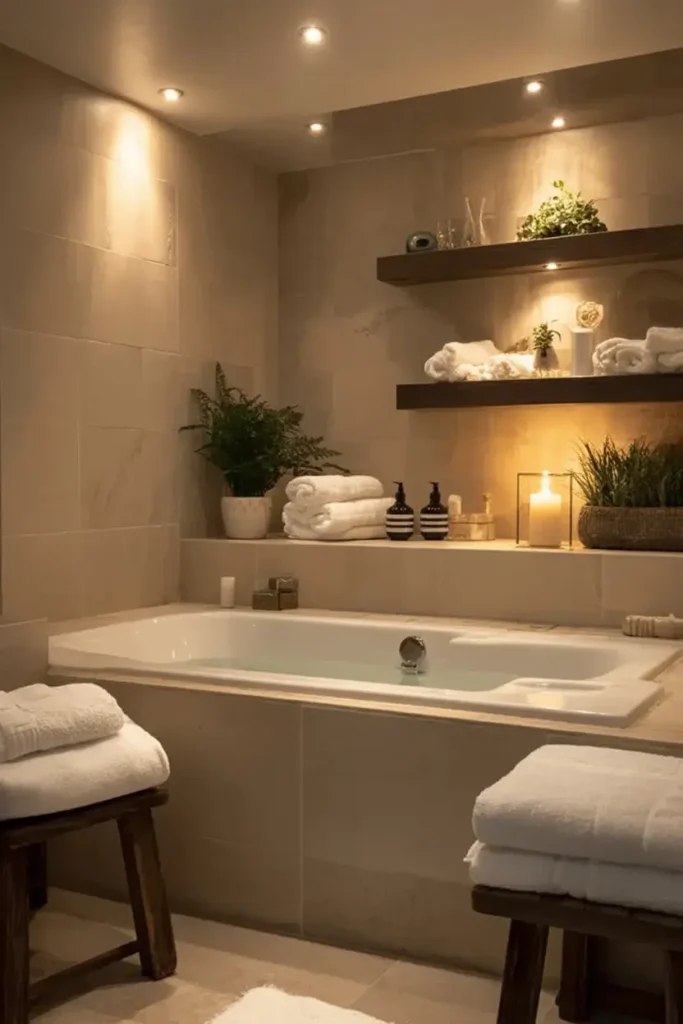 10. Warm Taupe Candlelit Spa Tub
