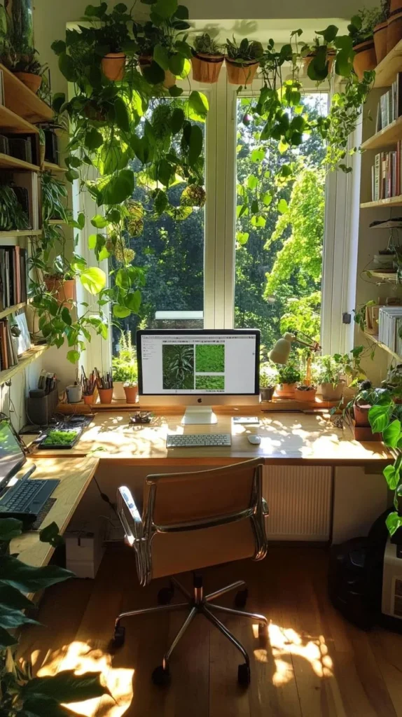 Cozy Plant-Filled Home Office with Forest View