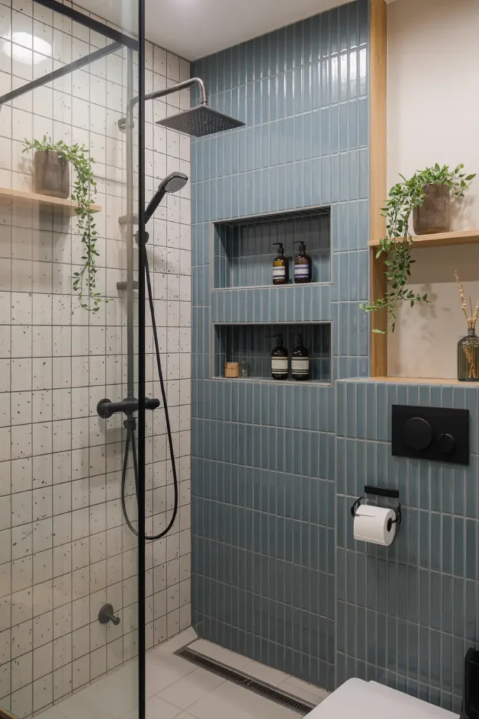 11. Azure Tile Greenery Shower Nook