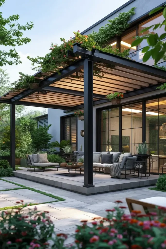 20 Dreamy Outdoor Escapes Cozy Patios and Pergola Ideas 29 11. Contemporary Pergola Terrace with Lush Vines and Blooms
