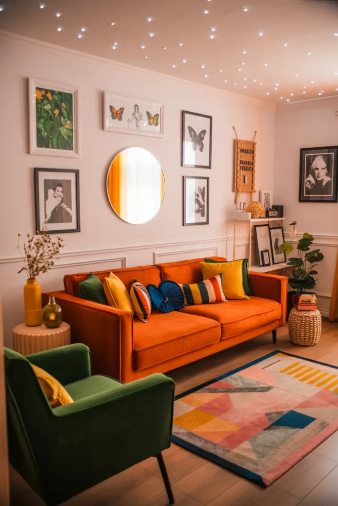 20 Cozy Modern Living Inspirations with Easy Living Room Ideas 29 11. Eclectic Orange Velvet Lounge