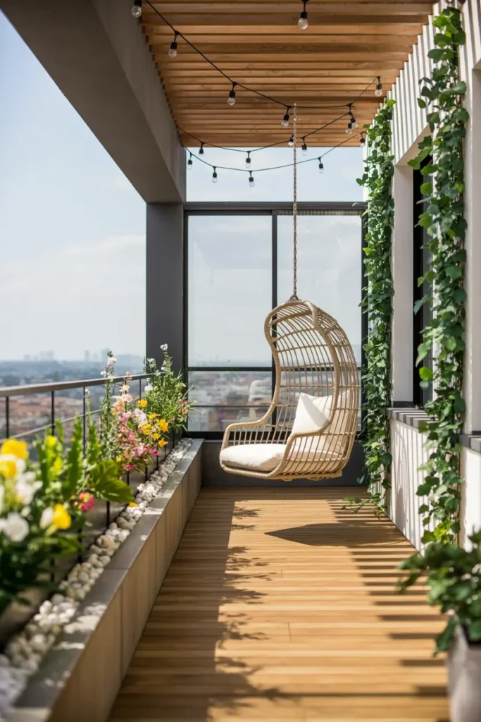 11. Pergola Swing Balcony with String Lights