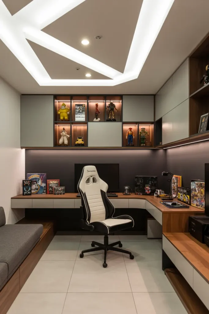 20 Budget Friendly Game Room Setup Ideas 29 11. Sleek Modern Gaming Room with Display Shelves