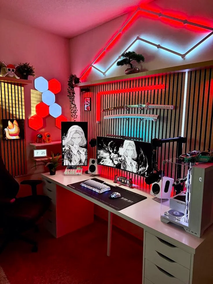 Modern Geometric Desk Setup with Plants and Figurines