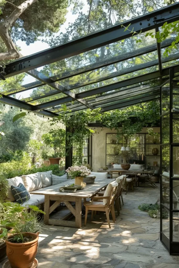 20 Dreamy Outdoor Escapes Cozy Patios and Pergola Ideas 31 12. Glass Roofed Pergola Dining Oasis with Lush Greenery