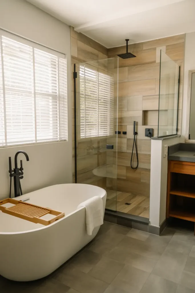 20 Dream Bathroom Designs to Refresh Your Interior 31 12. Wood Grain Rainfall Serenity