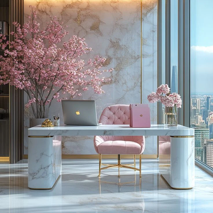 Luxurious Pink Marble Home Office with Cherry Blossoms