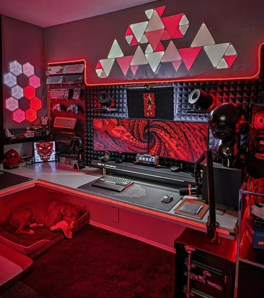 Stylish Gaming Setup with Neon Red Lighting