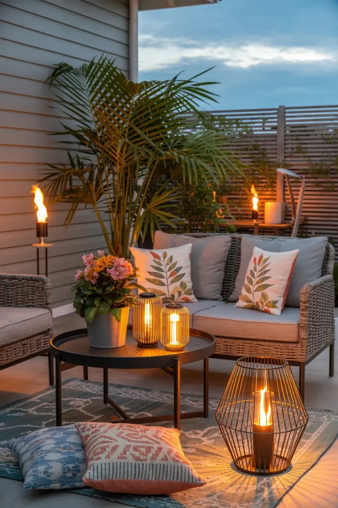 20 Dreamy Outdoor Escapes Cozy Patios and Pergola Ideas 33 13. Twilight Patio Glow with Torch Lights and Tropical Palms