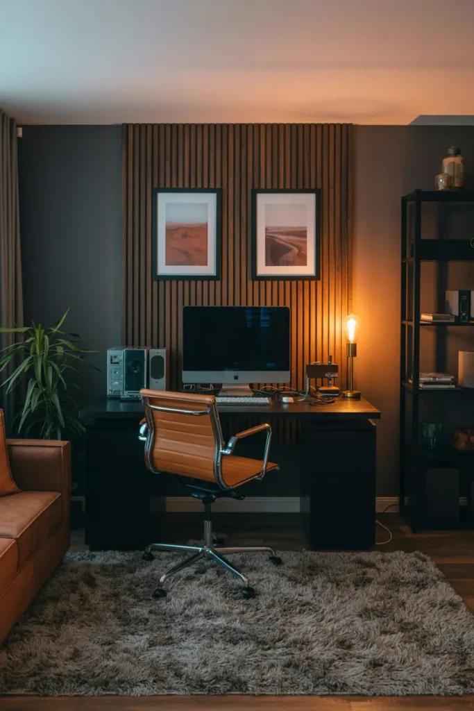 20 Budget Friendly Game Room Setup Ideas 33 13. Warm Modern Home Office with Wood Accent