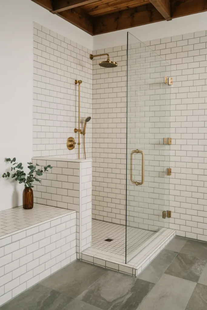 13. White Subway Brass Elegance Shower