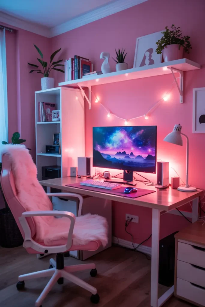 20 Budget Friendly Game Room Setup Ideas 35 14. Cosmic Pink Gaming Desk with Fairy Lights