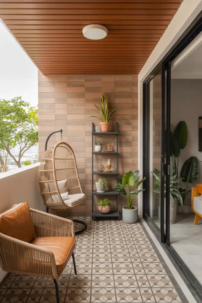 14. Cozy Balcony Corner with Hanging Egg Chair