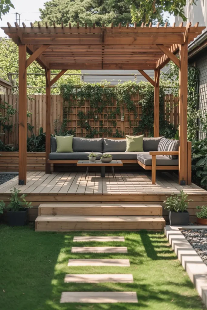 20 Dreamy Outdoor Escapes Cozy Patios and Pergola Ideas 35 14. Elevated Wooden Pergola Deck with Vine Covered Trellis
