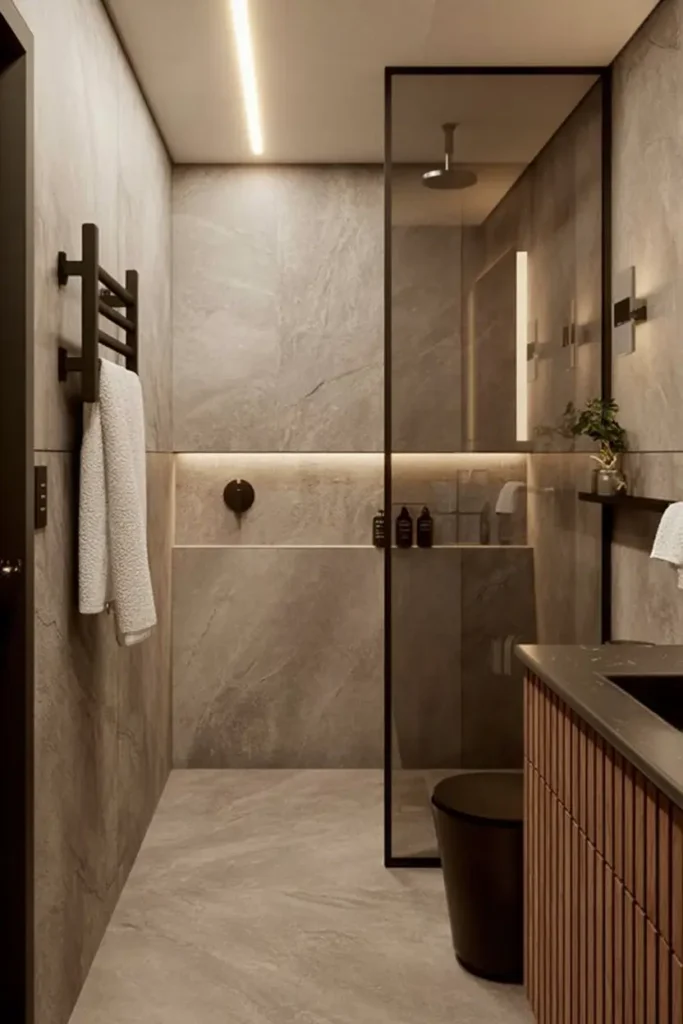 14. Taupe Marble Minimalist Wet Room